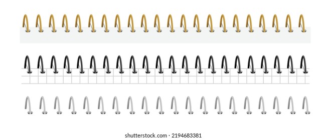 Notebook spirals, wire steel ring bindings and springs for calendar, diary, notepad, document cover or booklet sheets, metal stitch isolated on white background. Vector illustration, set