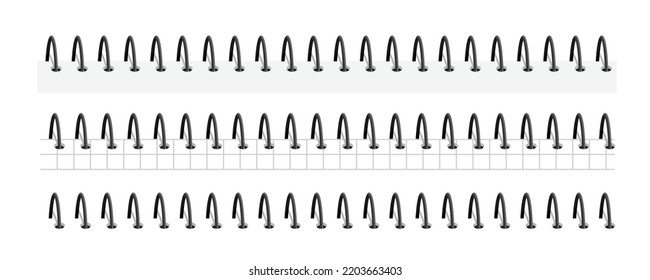 Notebook spirals, wire steel ring bindings and springs for calendar, diary, notepad, document cover or booklet sheets, metal stitch isolated on white background. Vector illustration, set