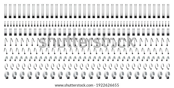 Notebook spirals, wire steel ring bindings and\
springs for calendar, diary, notepad, document cover or booklet\
sheets, metal stitch isolated on white background. Realistic 3d\
vector illustration,\
set