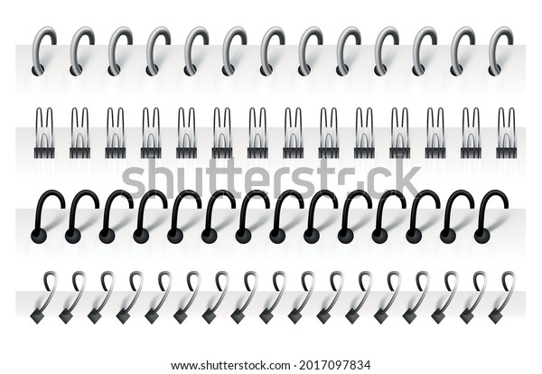 Notebook\
spirals, wire steel ring bindings and springs for calendar, diary,\
notepad, document cover or booklet sheets. Metal stitch isolated on\
white background. Can use as page\
divider