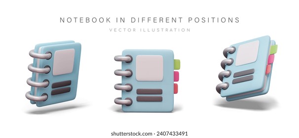 Notebook with spring, colored bookmarks and unsigned cover. Front and angled view. 3D memo pad in different positions. Isolated illustration in comic style