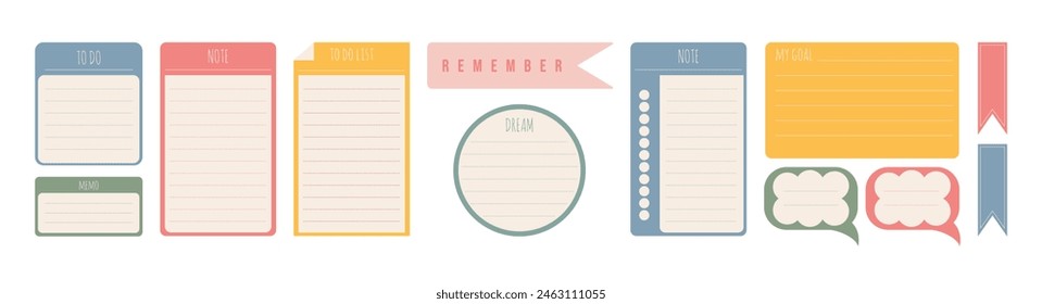 Notebook stamps, memo schedule sticker tag isolated vector symbols set. Cute Pastel Color Sticker Set for Planner  