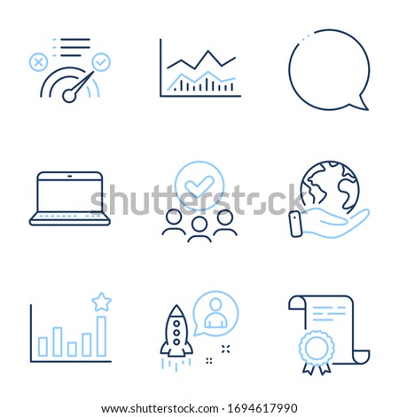 Notebook, Startup and Trade infochart line icons set. Diploma certificate, save planet, group of people. Efficacy, Speech bubble and Correct answer signs. Vector