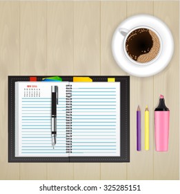 Notebook and stationary on desk creative design concept.