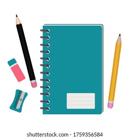 Notebook and stationery. Pencils, eraser, Notepad, sharpener. Vector illustration in a simple flat style for design and web.