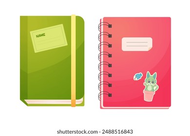 A notebook with stickers, green and pink for studying. Isolated on a white background.