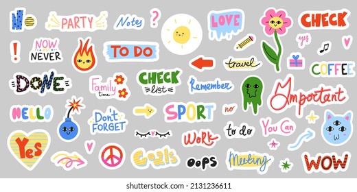 Notebook stickers. Lettering for weekly or daily planner, dairy cute labels, design elements doodle collection, hand drawn elements for scheduler or organizer, reminder or agenda vector isolated set