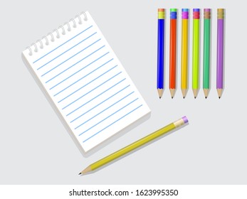 A notebook in a strip with a set of multicolored pencil. Pencil. The isolated graphic elements. Flat isometric vector graphics.