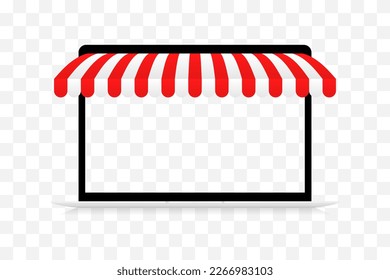 Portátil con plantilla de dosel rayado. Concepto de compra en línea con pantalla en blanco y líneas rojas y blancas de tienda. Compras rentables con pago digital y entrega rápida de vectores