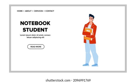 Notebook-Schüler-Holding in der Universität Vektorgrafik. Notebook-Schüler Junge, die sich in der Klasse für die Erstellung von Vorlesungsnotizen. Web-Illustration des Character College Education Paperwork