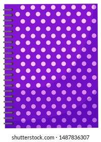 Notebook for study and work in school or office. Copybook paper attached with metal spiral. Violet notepad with circles vector illustration in flat style