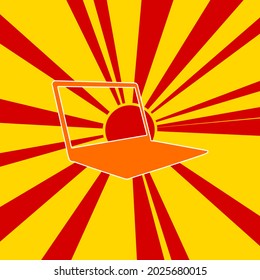 Notebook symbol on a background of red flash explosion radial lines. The large orange symbol is located in the center of the sun, symbolizing the sunrise. Vector illustration on yellow background