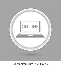 notebook with symbol online. circle grey icon with a shadow.