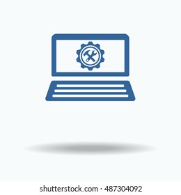 Notebook with symbol settings. computer settings. Wrench and hammer. Support concept. Consumer services. Vector. Repair icon. Repair service, maintenance, customization, restore concepts.