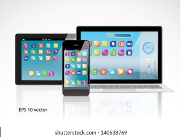 Notebook, tablet PC computer and smartphone with color interface with application icons isolated on white background