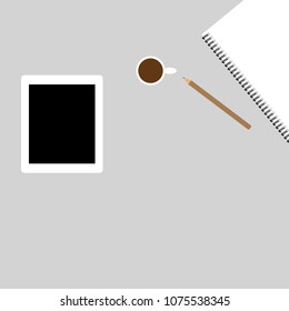 Notebook, Tablet, pencil and coffee cup with copy space isolated on background.Vector illustration