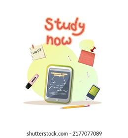 Notebook, tablet and study suppliers. Studing,eduation, learning,back to school, student, school concept. Isolated vector illustration for poster, banner and advertising