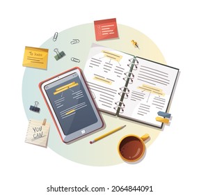 Notebook, tablet and study supplies. Studying, education, learning, back to school, student, stationery concept. Isolated vector illustration for poster, banner, advertising.