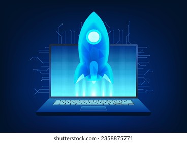 Notebook technology The screen has rockets rising behind it as a connected circuit board. Refers to notebooks that have been developed with speed and stability to suit today's users.