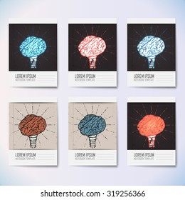 Notebook template. Brain lamp. Idea hand drawn typography poster. Grunge style. Inspirational vector typography.