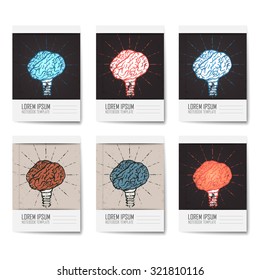 Notebook template. Brain lamp. Idea hand drawn typography poster. Grunge style. Inspirational vector typography.