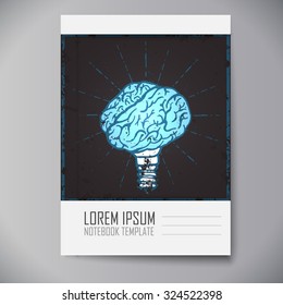 Notebook template. Brain lamp. Idea hand drawn typography poster. Grunge style. Inspirational vector typography.