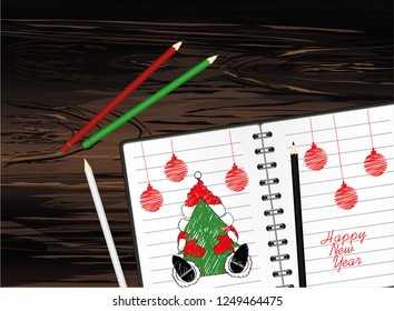 Notebook template with christmas santa clause and ball and pencil. Vector on white background. Greeting card on holiday. A realistic notepad. Office stationery. For notes