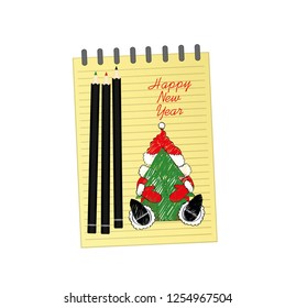 Notebook template with christmas santa clause and ball and pencil. Vector on white background. Greeting card on holiday. A realistic notepad. Office stationery. For notes