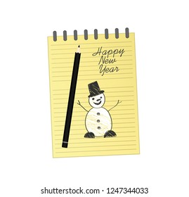 Notebook template with christmas snowman and ball and pencil. Vector on white background. Greeting card on holiday. A realistic notepad. Office stationery. For notes