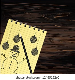 Notebook template with christmas snowman and ball and pencil. Vector on wooden background. Greeting card on holiday. A realistic notepad. Office stationery. For notes