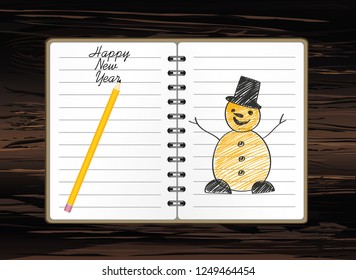 Notebook template with christmas snowman and ball and pencil. Vector on wooden background. Greeting card on holiday. A realistic notepad. Office stationery. For notes