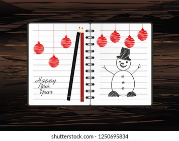 Notebook template with christmas snowman and ball and pencil. Vector on wooden background. Greeting card on holiday. A realistic notepad. Office stationery. For notes