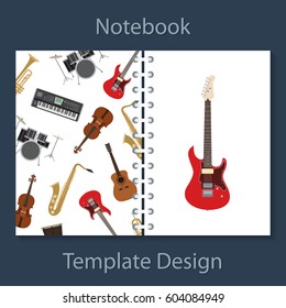 Notebook template design with musical instruments vector illustration. Cover for print