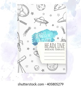 Notebook template with hand drawn astronomy doodles. Vector editable notebook cover.