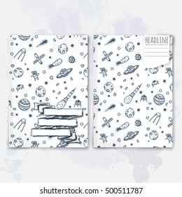 Notebook template with hand drawn astronomy doodles. Vector editable notebook cover.