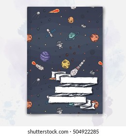 Notebook template with hand drawn astronomy doodles. Vector editable notebook cover.