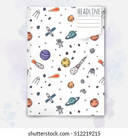 Notebook template with hand drawn astronomy doodles. Vector editable notebook cover.