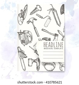 Notebook template with hand drawn instruments doodles. Vector editable notebook cover.