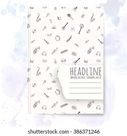 Notebook template with hand drawn music pattern. Vector editable notebook cover.