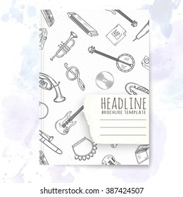 Notebook template with hand drawn music pattern. Vector editable notebook cover.