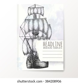 Notebook template with hand drawn ship. Vector editable notebook cover.