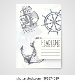 Notebook template with hand drawn ship. Vector editable notebook cover.