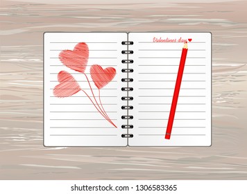 Notebook with template hand-drawn bouquet of red hearts . Vector on wooden background. Greeting card on holiday. Valentines day. A realistic notepad. Office stationery. For notes