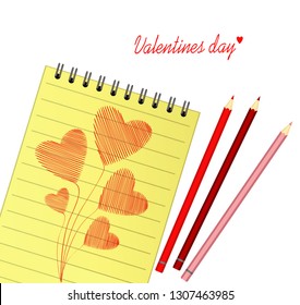Notebook with template hand-drawn bouquet of red hearts . Vector on wooden background. Greeting card on holiday. Valentines day. A realistic notepad. Office stationery. For notes