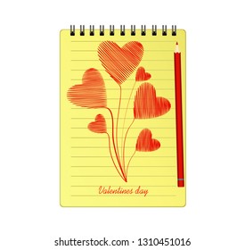 Notebook with template hand-drawn bouquet of red hearts . Vector on white background. Greeting card on holiday. Valentines day. A realistic notepad. Office stationery. For notes