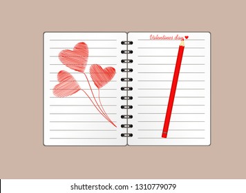 Notebook with template hand-drawn bouquet of red hearts . Vector on wooden background. Greeting card on holiday. Valentines day. A realistic notepad. Office stationery. For notes