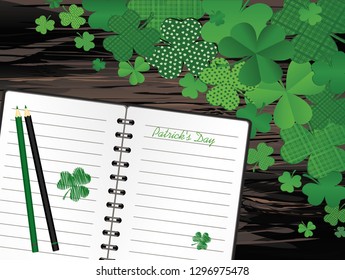 notebook with template hand-drawn green clover and pencil. Vector on wooden background. Greeting card on holiday. Patrick day. A realistic notepad. Office stationery. For notes