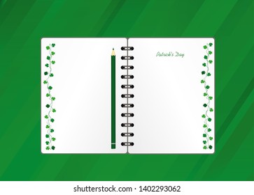 Notebook with template hand-drawn Green clover and pencil. Irish holiday - Happy St. Patrick's Day with a garland of three-leaf. Greeting card on holiday. Vector.