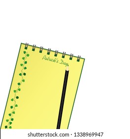 Notebook with template hand-drawn Green festive bunting with clover and pencil. Irish holiday - Happy St. Patrick's Day with a garland of three-leaf. Vector. A realistic notepad. Office stationery.