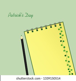 Notebook with template hand-drawn Green festive bunting with clover and pencil. Irish holiday - Happy St. Patrick's Day with a garland of three-leaf. Vector. A realistic notepad. Office stationery.